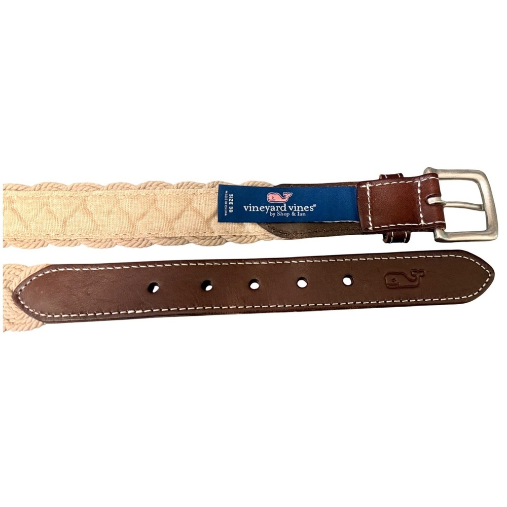 Vineyard Vines Braided Rope Club Belt Italian Leather Golf Boat Cream Brown 38